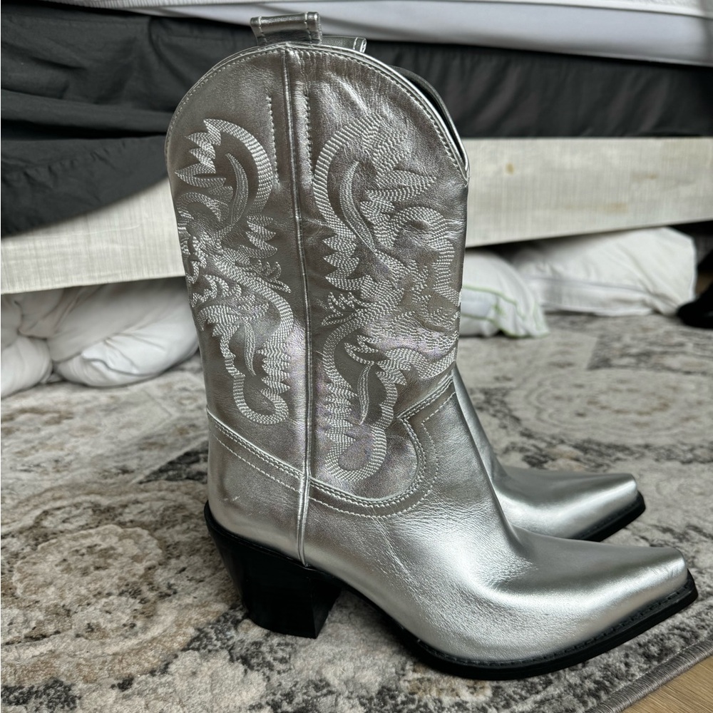 Never worn Jeffery Campbell silver ankle cowboy bootie